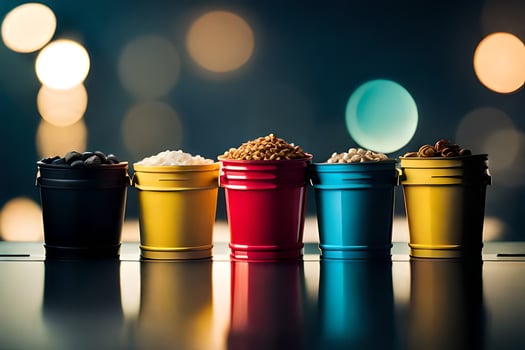 five colorful buckets with different types of food. AI-Generated photo