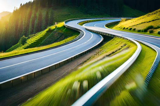 a winding road in the mountains with a sun shining. AI-Generated photo