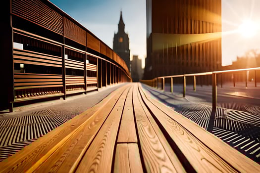 a wooden walkway in front of a city building. AI-Generated photo