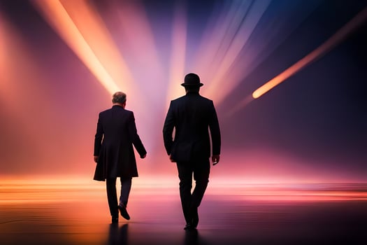 two people walking in the dark with bright lights. AI-Generated photo