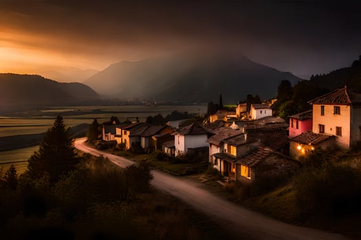 photo wallpaper the sky, mountains, road, village, sunset, the road, road, village. AI-Generated
