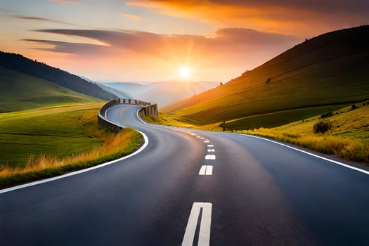 a long road with the sun setting behind it. AI-Generated photo