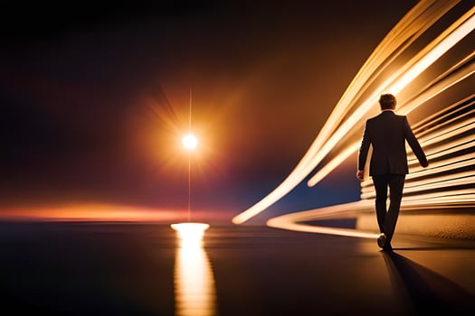 a man walking on the road at night with light trails. AI-Generated photo