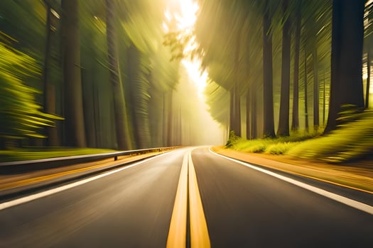 a blurry image of a road in the woods. AI-Generated photo