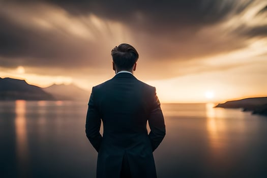a man in a suit stands in front of the ocean at sunset. AI-Generated photo