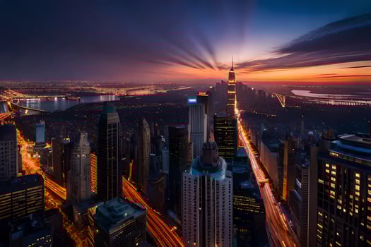 the sun sets over the city of new york. AI-Generated photo