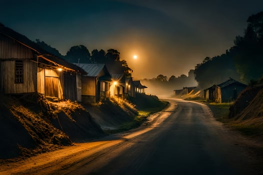 a road at night with houses and a full moon. AI-Generated photo