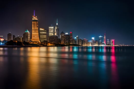 the city skyline at night with lights reflecting in the water. AI-Generated photo
