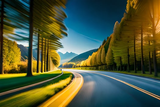 a road with trees and mountains in the background. AI-Generated photo