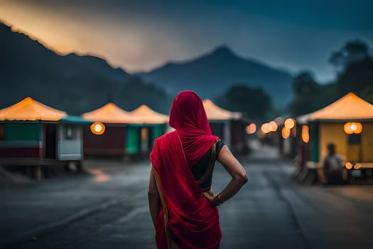 a woman in a red sari stands in the middle of a road at night. AI-Generated photo