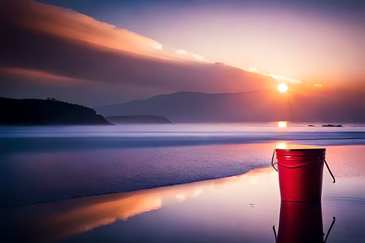 a red bucket sits on the beach at sunset. AI-Generated photo