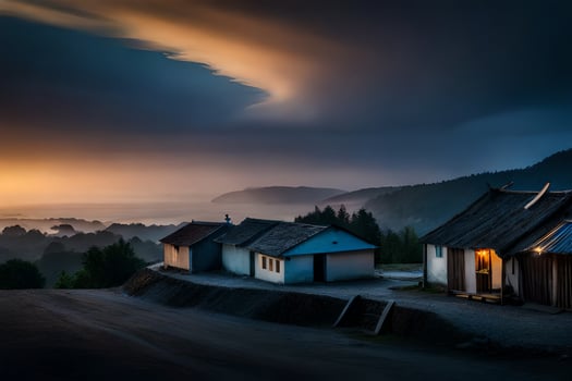 a house in the middle of a field with a dark sky. AI-Generated photo