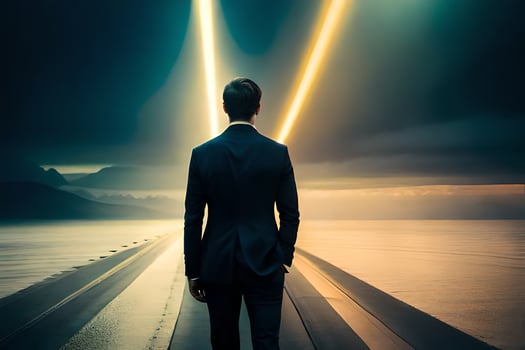 the man in a suit is standing on a bridge with a light shining in the distance. AI-Generated photo