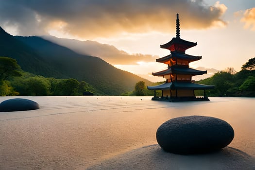 a pagoda sits on the sand in front of a mountain. AI-Generated photo