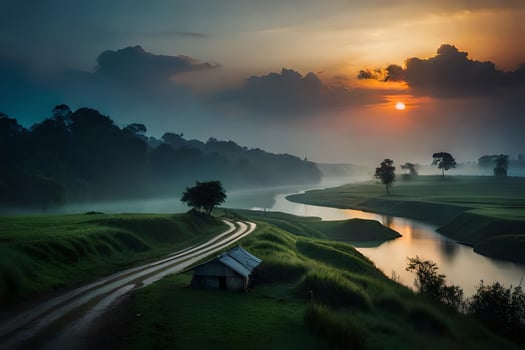the sun rises over a river and grassy field. AI-Generated photo