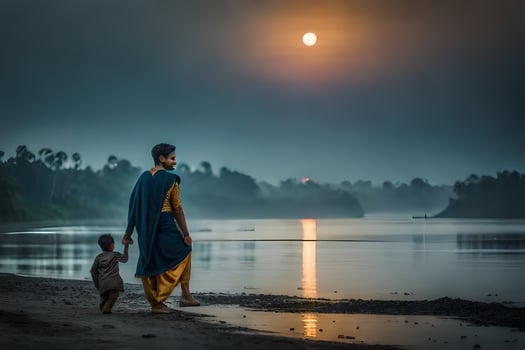 a woman and child walking along the shore of a river. AI-Generated photo