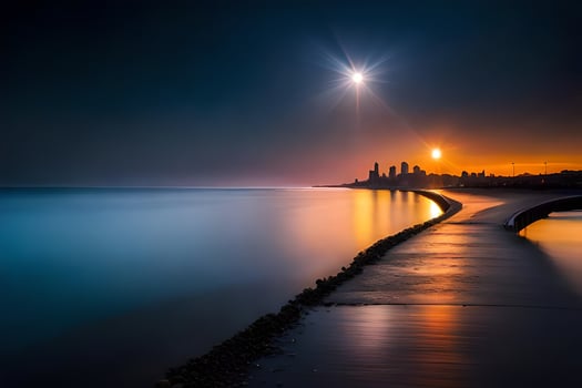 the moon rises over the water and a city skyline. AI-Generated photo