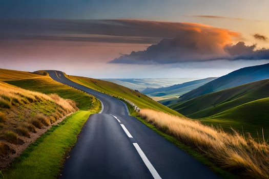 a long road winding through the hills. AI-Generated photo