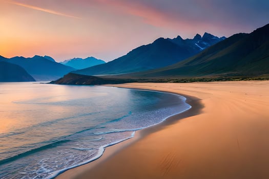 a beach and mountains at sunset. AI-Generated photo