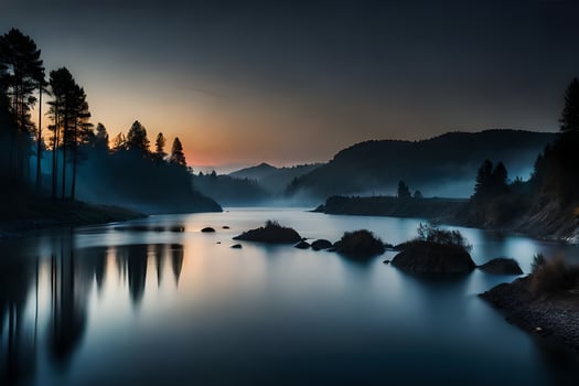a river at sunset with trees and rocks. AI-Generated photo