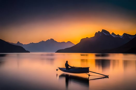 a man in a boat at sunset in the mountains. AI-Generated photo
