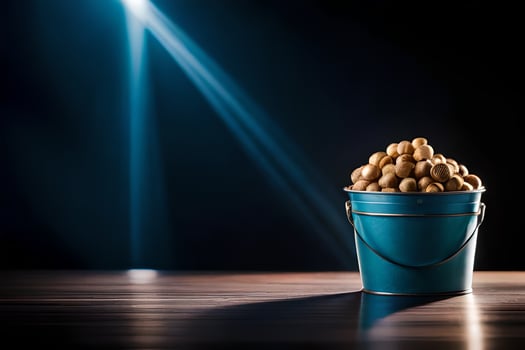 a bucket filled with peanuts on a table. AI-Generated photo