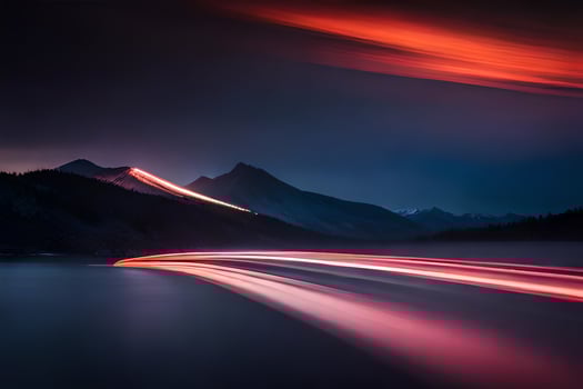 a long exposure photograph of a mountain range with light trails. AI-Generated photo