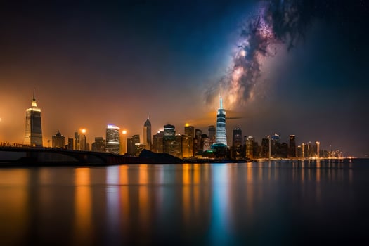 the night sky over the city skyline and the milky way. AI-Generated photo