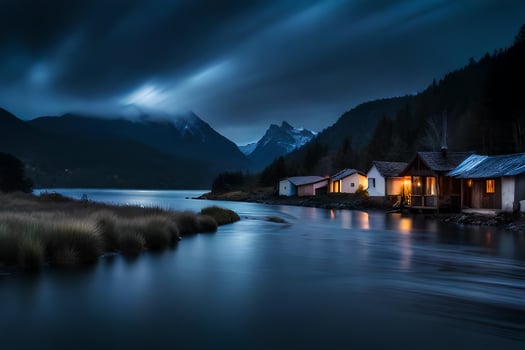 a lake and a cabin in the mountains at night. AI-Generated photo