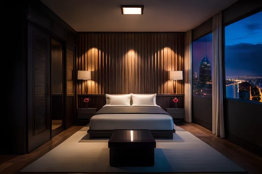 a bedroom with a view of the city at night. AI-Generated photo