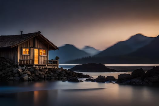 a small cabin sits on the rocks near the water. AI-Generated photo