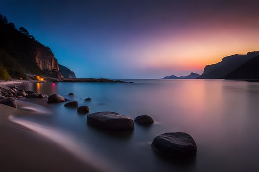 a long exposure photograph of a beach at sunset. AI-Generated photo