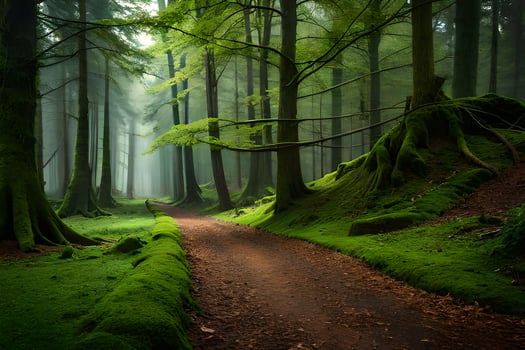 a path through a green forest with trees and moss. AI-Generated photo