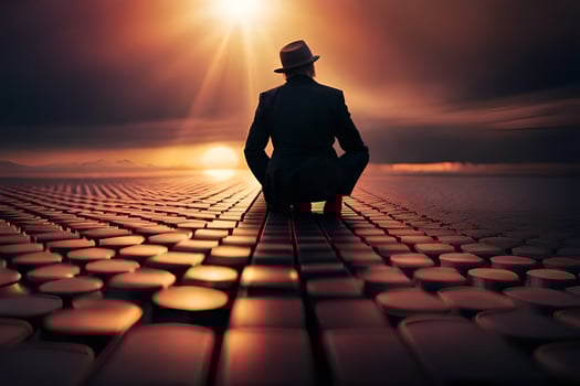 a man in a hat sits on a brick road. AI-Generated photo