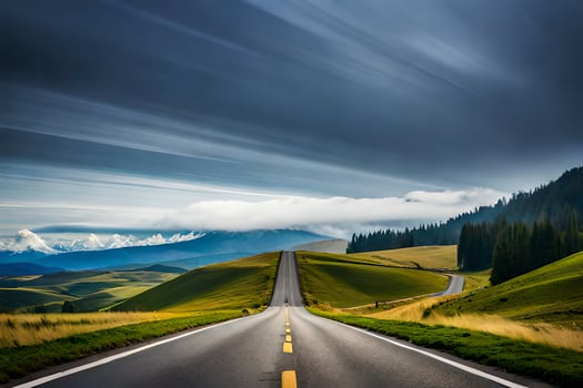 a long road with mountains in the background. AI-Generated photo
