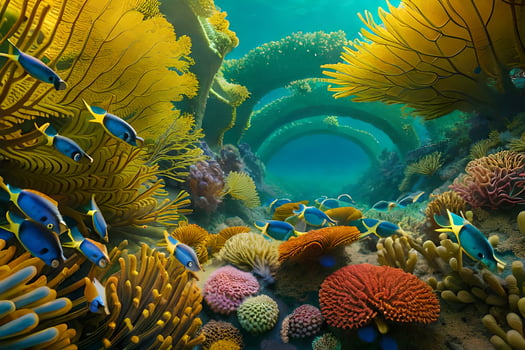 a colorful underwater scene with corals and fish. AI-Generated photo