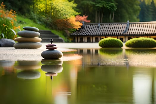 a pond with stones and a house in the background. AI-Generated photo