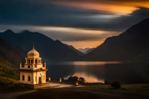 a church in the mountains at sunset. AI-Generated photo