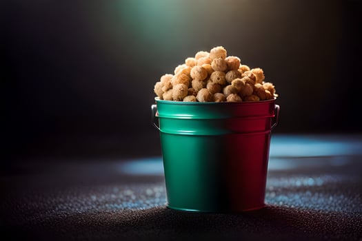a bucket filled with peanuts on a dark background. AI-Generated photo