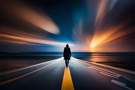 a man walks down an empty road at night. AI-Generated photo