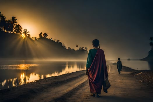 a woman walking down a road at sunrise. AI-Generated photo