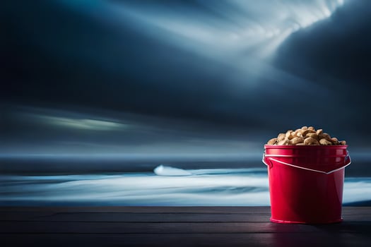 a red bucket filled with peanuts on a wooden table. AI-Generated photo