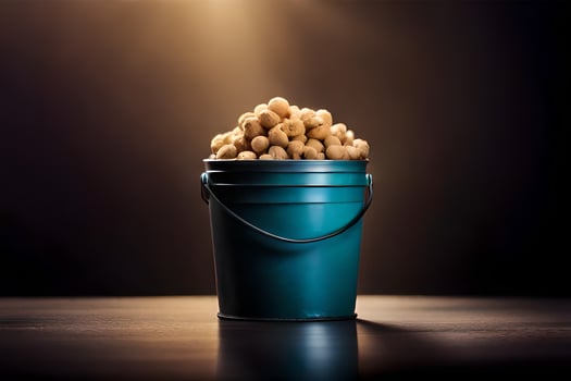 a bucket filled with peanuts on a table. AI-Generated photo