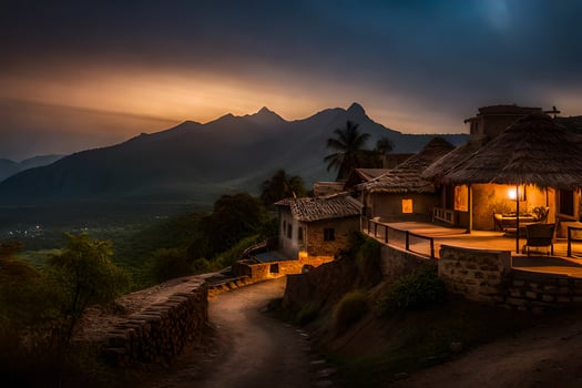 a hut sits on the side of a mountain at dusk. AI-Generated photo
