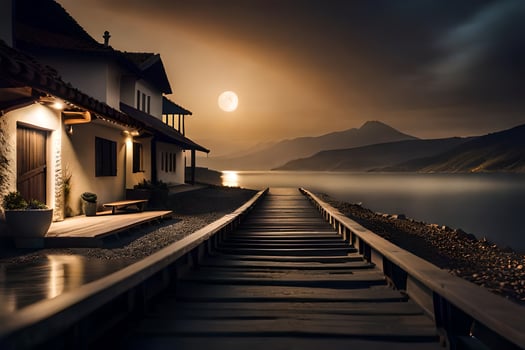 a wooden walkway leads to a house on the shore of a lake. AI-Generated photo