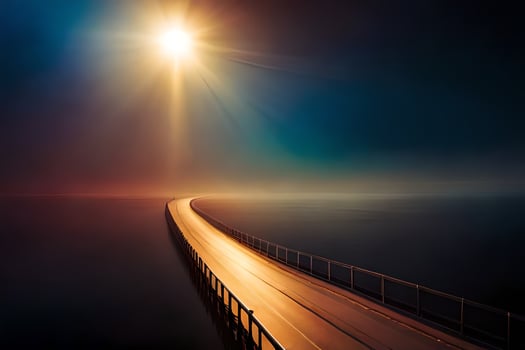 a long bridge over the ocean at night. AI-Generated photo