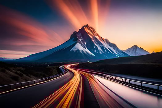 a long exposure photo of a mountain and road. AI-Generated