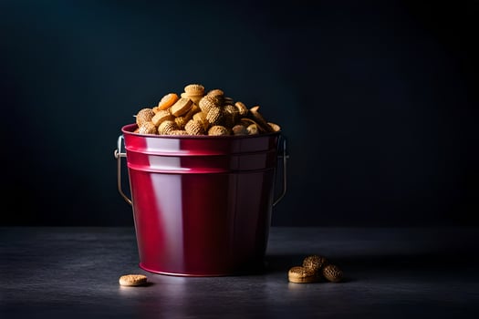 a red bucket filled with peanuts on a dark table. AI-Generated photo