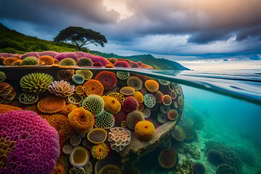 a coral reef with colorful corals and trees. AI-Generated photo