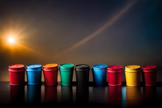 colorful coffee cups lined up against a dark background. AI-Generated photo